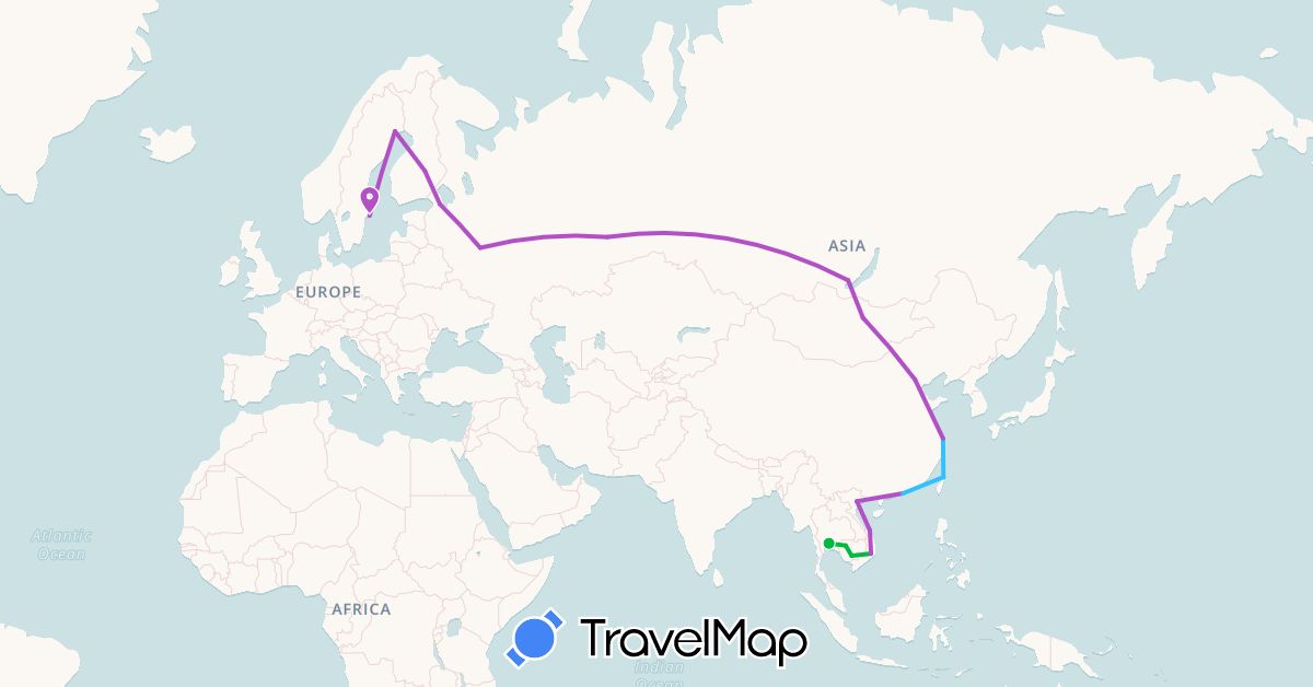 TravelMap itinerary: driving, bus, train, boat in China, Finland, Cambodia, Mongolia, Russia, Sweden, Thailand, Taiwan, Vietnam (Asia, Europe)